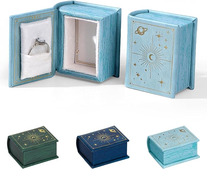 Vintage Magic Book-Shaped Ring Box Starry Sky Pattern PU Leather with Magnetic Closure for Proposal Engagement Gift (Sky Blue)