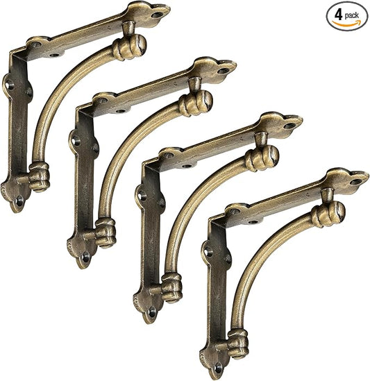 NACH Decorative Shelf Brackets, 4 Pack of 5.25 x 1.25 x 5.25 inch Gold Brackets - Cast Iron Shelf Brackets for Mounting - Industrial Style Decorative Brackets