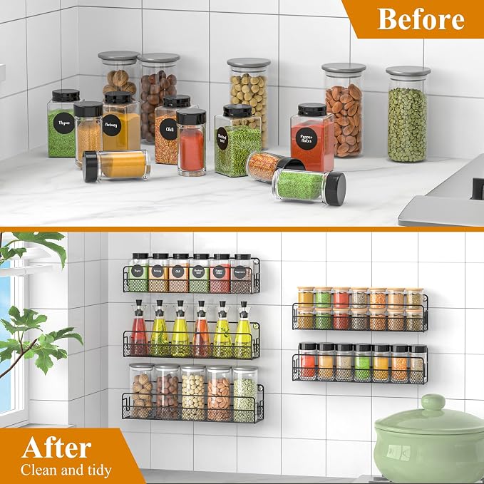 Wall Mounted Spice Rack Organizer, Pantry Door Organizer & Hanging Storage Baskets, Metal Spice Shelf for Kitchen Cabinet, 3 Depth Sizes Hold Large Jars to Nail Polish Bottles, 5 Pack