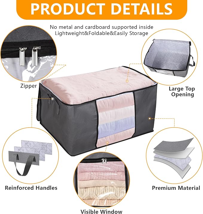 90L Large Blanket Storage Bags, 8 Pack Clothes Storage Bag Comforter Storage Bin with Reinforced Handle and Lid Foldable Closet Organizer and Storage Containers for Bedding Sheets and Duvet