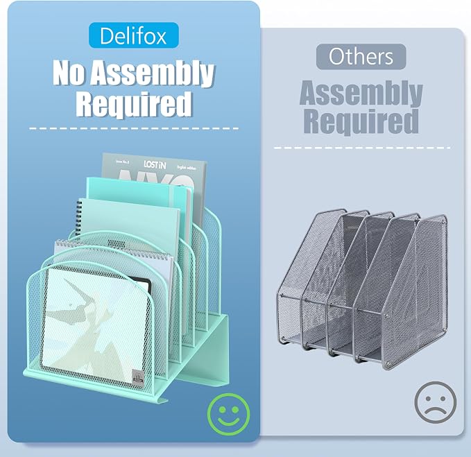 Delifox Inclined Desk File Organizer,Vertical File Folder Holder Stand Metal Rack File Sorter for Office Classroom Desktop Organization (2, Aqua, 5)