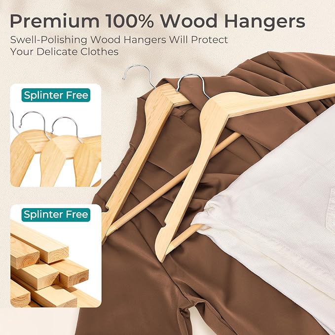 HOUSE DAY Premium Wooden Hangers 100 Pack, Heavy Duty & Durable Coat Hanger | Natural Wood Suit Hangers, 360° Swivel Hook & Pant Bar, Ideal for Jackets, Dresses, Shirts, Perfect for Closet Organization