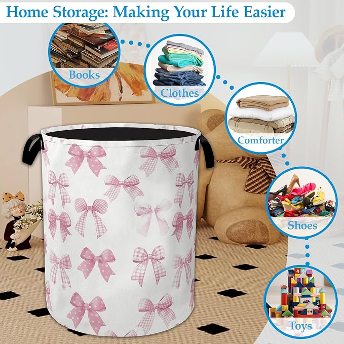Pink Bowknot Laundry Basket Collapsible Laundry Hamper, Oxford Cloth Storage Bin for Room/Bathroom/Bedroom/Dormitories 16" X 20.8"