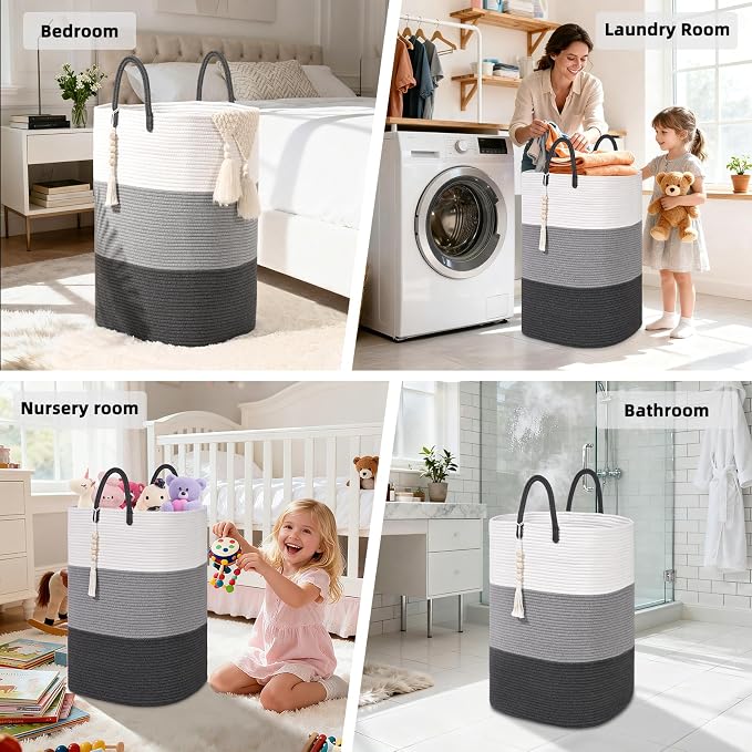 Woven Laundry Basket for Clothes,65 L Large Rectangle Laundry Hampers with Beads Tassel, Nursery Storage Basket for Toys, Tall Dirty Clothes Hamper for Bedroom Aesthetic, Laundry Room Organization
