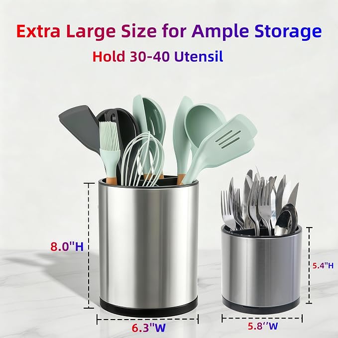 LIBODOUR Kitchen Utensil Holder Extra Large Rotating For Counter Organizer Stainless Steel Storage Cooking Silverware Caddy 3 Compartment Flatware Spoon Spatula Tool Cutlery Container（2 Set Silvery）