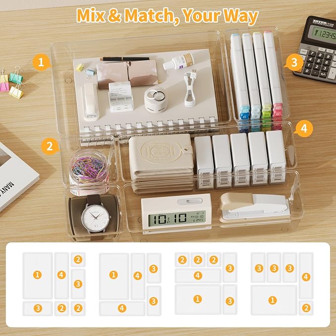 Yanosaku 25 PCS Clear Plastic Drawer Organizer Set, 4 Sizes Vanity Organizers, Desk Drawer Divider Organizers and Storage Bins for Makeup, Jewelry, Gadgets for Kitchen, Bathroom, Office