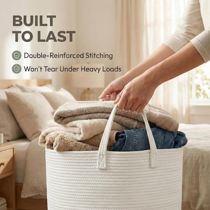 JMvicyroam 65L Extra Large Blanket Basket for Living Room - Woven Cotton Rope Laundry Hamper with Reinforced Handles - Storage Bin for Pillows, Comforters & Toys - Machine Washable,White