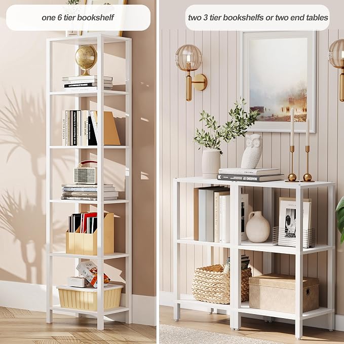 TUTOTAK Bookshelf, 6-Tier Tall Book Shelf, Narrow Bookcase for Small Space, DIY Stackable Bookshelf, for Living Room, Office, Study, Entryway, Industrial, White BS01BW006
