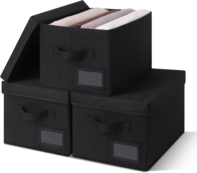 GRANNY SAYS Storage Bins with Lids, Linen Storage Bins for Shelves, Decorative Storage Boxes, Clothes Storage and Organization, Storage Boxes for Organizing, 3-Pack, Black