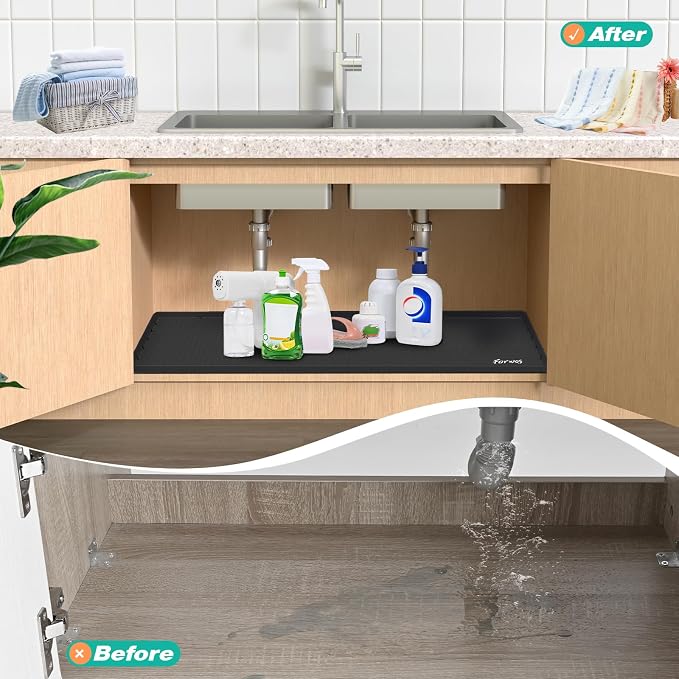 Waterproof Under Sink Mat 34" x 22", Silicone Cabinet Liner, Rubber Protector for Kitchen and Bathroom, Keeps Cabinets Clean, Dry, and Organized (Black)