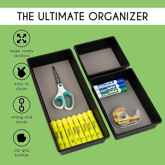 Plastic Drawer Organizer Trays Office Desk Storage Bins, 3-Sizes | Organization Solution for Junk Drawer, Makeup, Kitchen Utensils, Bathroom, Jewelry and Office Desk