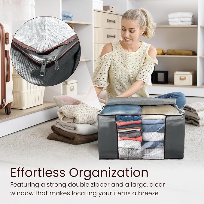 Reli. 60L Foldable Storage Containers for Blankets, Clothes & Organization (3 Pack) | Sturdy Under Bed Bags with Zipper