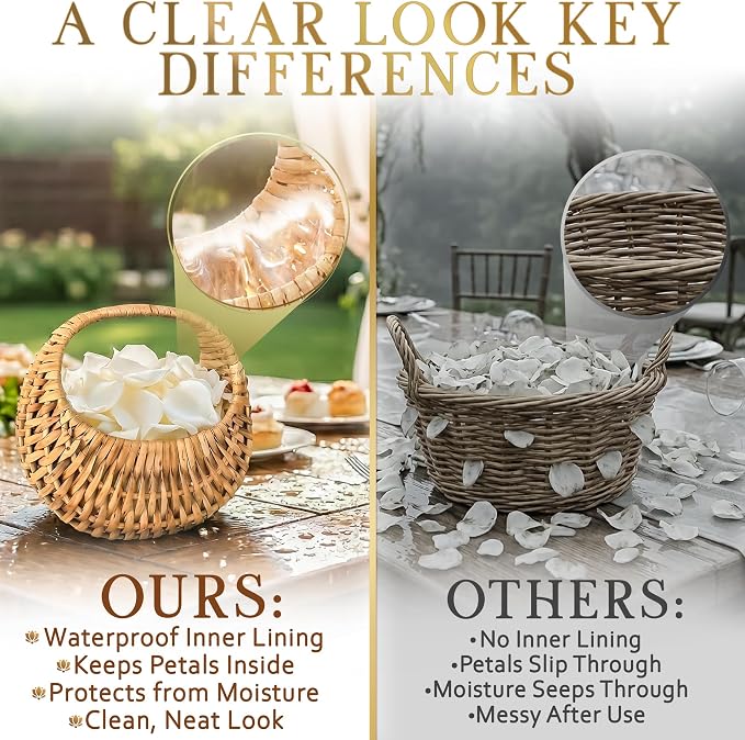 Flower Girl Basket Set of 2, Rattan, 6.3" x 5.12" x 3.75" | Rustic Small Wicker Baskets with Handle & Waterproof Lining; for Wedding, Bridal Shower, Flower Petals, Gifts & Photo Props