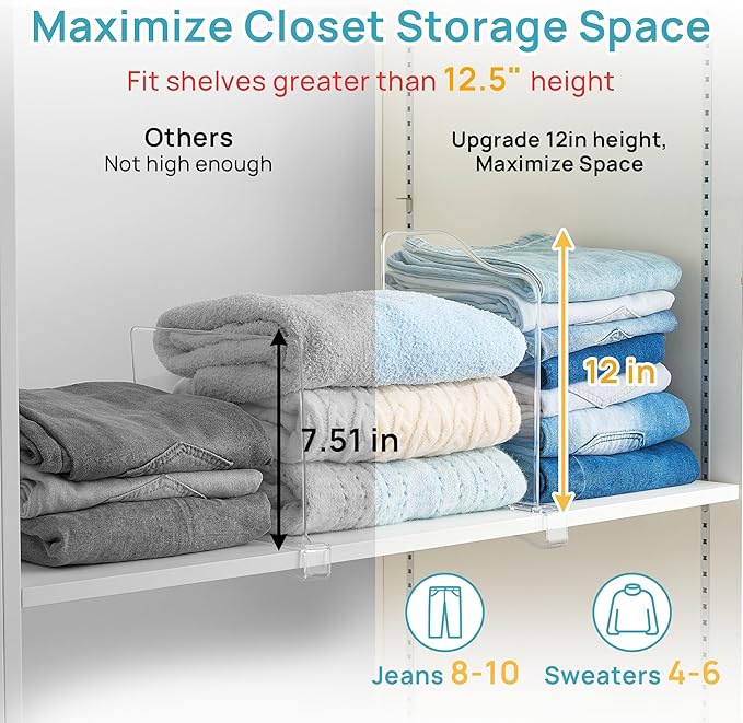 Vtopmart 12" Extra Tall x 12" Deep Shelf Dividers for Closet Organization, 8 Pack Clear Closet Organizers for Deep Shelves, Maximizing Vertical Space for Sweaters, Jeans and Clothes Storage
