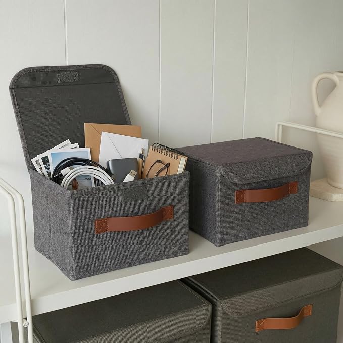 Decorative Linen Storage Boxes with Lids - Spacious Set of 2 Organizer Bins for Your Home Decor - The Perfect Small Container to Safely Store Photos, Documents and Memory Box Keepsakes in Style