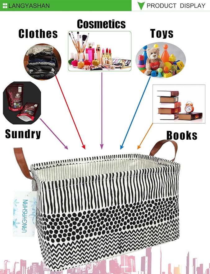 Rectangular Collapsible Storage Basket Nursery Organizer Black Line | Storage Bin Foldable Canvas with Handles for Organizing Home Kitchen Children Toys Office Closet Shelf Baskets