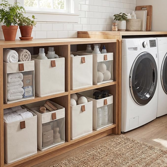 StorageWorks Fabric Storage Bins with Clear Window, Closet Organizer and Storage Bins for Clothes, Collapsible Storage Baskets with PU Handles, Narrow Storage Bin, Beige, 3-Pack