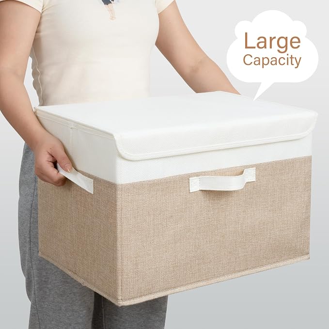 GRANNY SAYS Storage Boxes with Lids, Decorative Storage Bins, Shelf Baskets, Clothes Storage and Organization, White/Khaki, 2-Pack