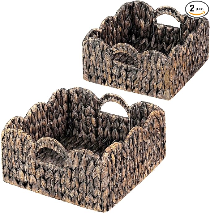 Scalloped Baskets (Natural-Set of 2) Basket Living Room Organizer, Water Hyacinth Baskets For Decor, Woven Basket Boho Style for Bathroom, Bedroom, Laundr,...Iron Frame.