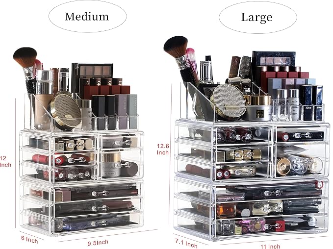 Cq Acrylic 3 Pack Clear Make Up Organizers - Stackable 8 Drawer Organizer for Vanity, Desk, Jewelry, Beauty & Skincare Products