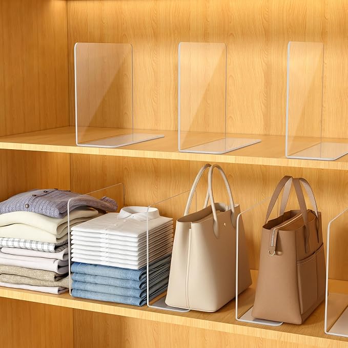 Shelf Dividers for Closet Organization – Acrylic Clear Sturdy Dividers to Keep Clothes, Sweaters & Purses Upright, Free-Standing for Wood Shelves, 10" Tall x 12" Deep, 12 Pack