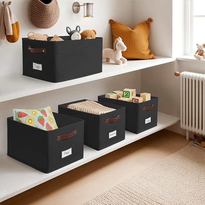 DECOMOMO Storage Bins, Large Fabric Baskets for Shelves, Black (4 Pack) | 15" x 11" x 9.9" foldable closet organizers and storage bins with labels & handles