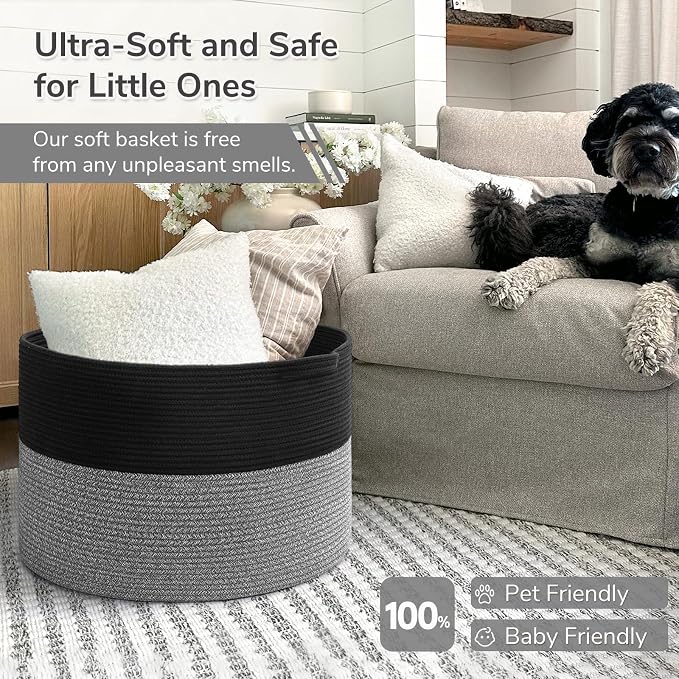 INDRESSME XXXLarge Cotton Rope Basket Woven Baby Laundry Baskets Blanket Baskets Toy Basket with Handle Comforter Cushions Storage Bin Thread Laundry Hamper - 21.7" x 21.7" x 13.8"