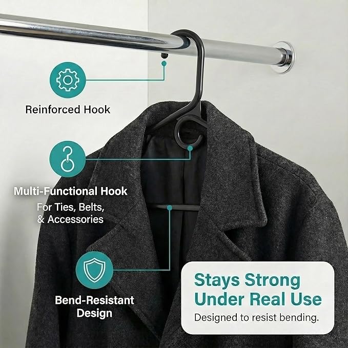 DEILSY™ Heavy Duty Plastic Hangers 50 Pack - Extra Heavy Duty Hangers for Clothes, Thick Black Plastic Hangers, Strong Clothes Hangers with Hook for Scarves & Belts