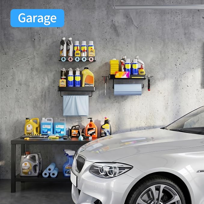 SUNTECH Garage Paper Towel Holder with Shelf, 3 Pack Black Heavy Duty Wall and Screw Mount Rack for Workshop, RV, Tool Room, Also Works as a Shop Towel Holder