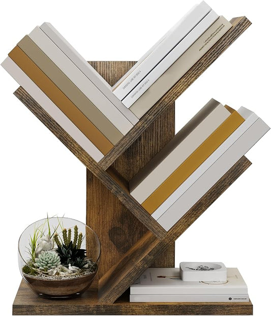 Tajsoon Tree Bookshelf 3 Tier Book Shelves Storage Organizer, Desktop Bookshelf Floor Standing Bookcase Display for Magazine/Books, Small Tree Bookshelf for Bedroom, Living Room Office, Rustic Brown