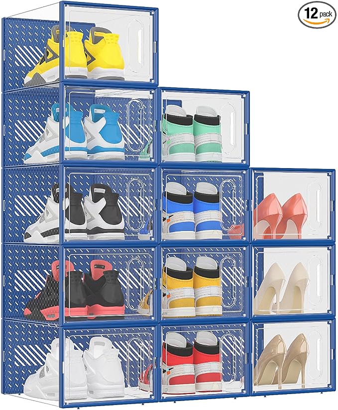 eWonLife Large Shoe Organizer Storage Box with Magnetic Door,12 Pack Clear Plastic Stackable Sneaker Containers for Closet, Connect Left and Right Shoe Box for Entryway, Drop Front, Under Bed (Blue)