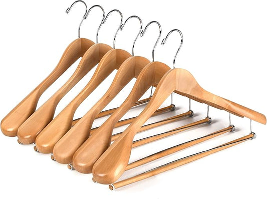 Luxury Wide Shoulder Wooden Hangers 6 Pack, with Locking Bar, Smooth Natural Finish Wood Suit Hanger Coat Hanger for Closet, Holds Upto 20lbs, 360° Swivel Hook, for Jacket, Dress Heavy Clothes Hangers