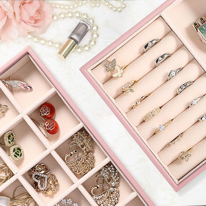 LANDICI Stackable Jewelry Organizer Trays 4 Set,PU Leather Jewelry Organizer Drawer,Jewelry Storage Display Tray for Earring Necklace Rings Bracelet with Removable Dividers,Rose Gold