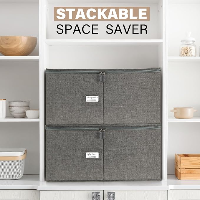 LotFancy Stemware Storage Container for Moving, Hard Shell, Wide Wine Glass Storage Box with Dividers & Handles, Stackable, Foldable Crystal Glassware Case, 21”x15.5”x10”, Grey