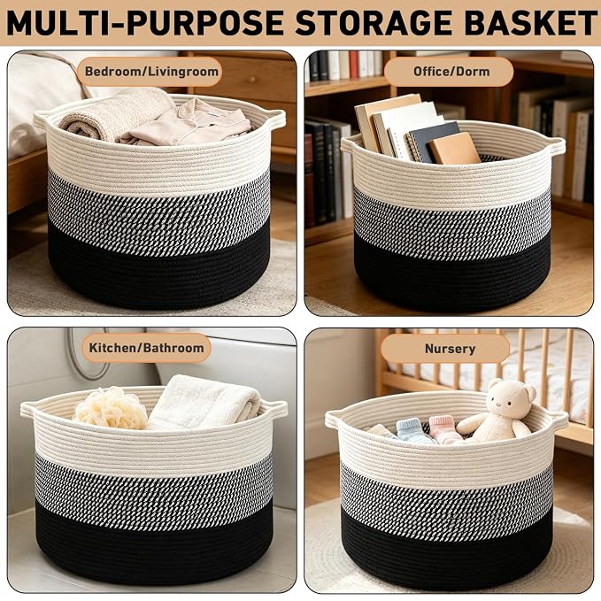 65L Large Blanket Basket,Woven Rope Laundry Basket Hamper with Handles,Decorative Nursery Basket Storage Bin for Toys, Pillows, Clothes Organizer, Living Room, Bedroom, Bathroom, Black