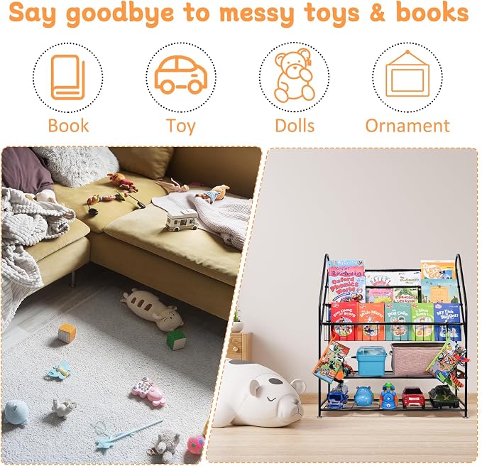 Metal Kids Bookshelf 5-Tier, Space Saving Book Storage with Toy Organizer, Durable Children Bookcase for Playroom Nursery Bedroom, Rust-Resistant Steel Frame, Montessori Classroom Shelf (Dark Black)
