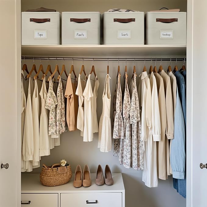 DECOMOMO Storage Bins, Large Fabric Baskets for Shelves, Beige (4 Pack) | 15" x 11" x 9.9" foldable closet organizers and storage bins with labels & handles