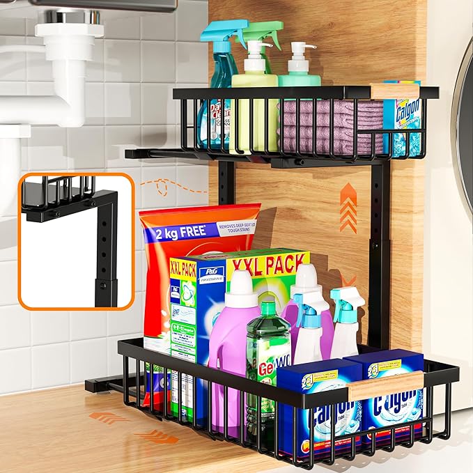 Under Sink Organizer, 2-Tier Pull-Out Cabinet Organizer – Adjustable Height, Left or Right Install – Smooth Slide-Out Drawers, Heavy-Duty Metal Rack for Kitchen & Bathroom, 1 Pack