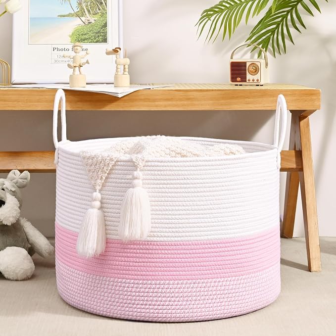 67L Large Woven Blanket Basket, Cotton Rope Baby Laundry Hamper with Handles, Kids Toy Basket for Classroom & Nursery, Soft Round Stuffed Animal Storage, Dog Toy Bin - 20"x13", Light Pink