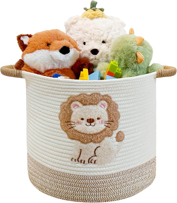 Toy Storage Basket(12"x12"), blanket basket, Cotton Rope Woven Laundry Hamper with Cute Embroidered Dinosaur for Nursery, Living Room, Laundry (Lion)