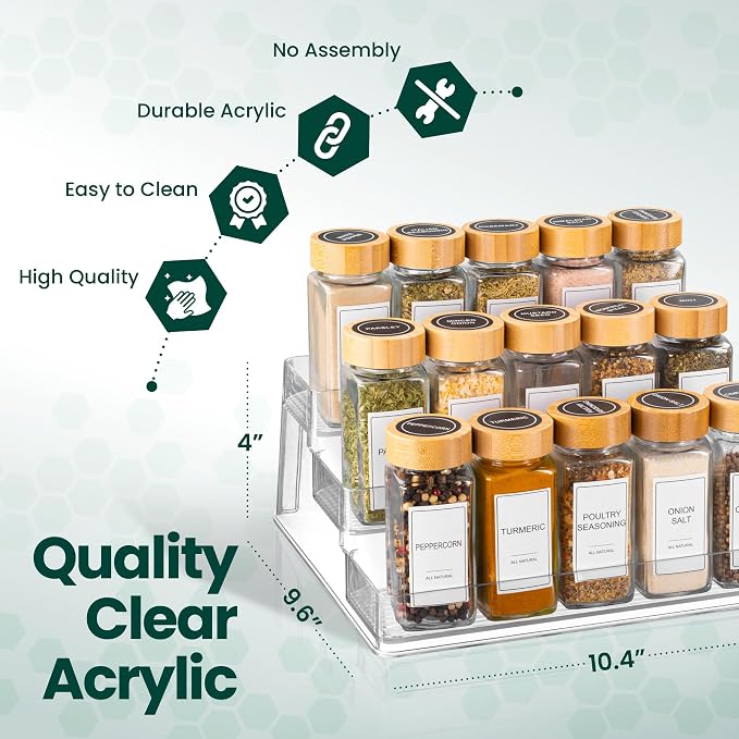 Oizeir Clear Spice Rack (2-Pack) - 3-Tier Acrylic Organizer for Cabinet - Deep Spice Shelf - 10.4 x 9.6 x 4 Inches - Holds Seasoning and Condiments