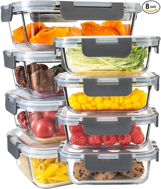 16Pack Glass Meal Prep Containers 8 Bowls with 8 Airtight Grey Lids 2 Sizes | Borosilicate glass food storage set for lunch, leftovers & portion control — microwave/freezer/dishwasher safe, leak-proof