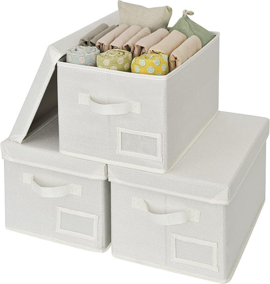 GRANNY SAYS Fabric Storage Bins with Lids, Storage Basket for Clothes, Decorative Storage Boxes, Closet Storage and Organizers, Ivory, 3-Pack