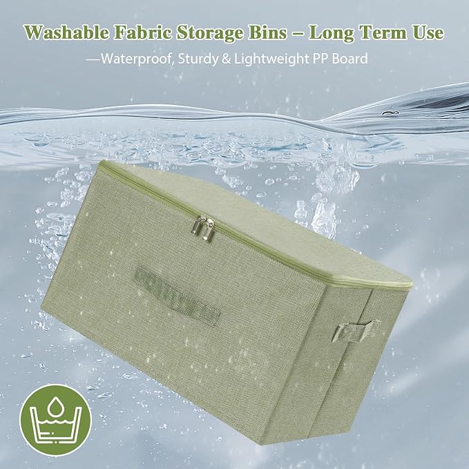 ANMINY 3PCS Storage Bins with Zipper Lids 51.9 Qt Lidded Fabric Storage Boxes Baskets Cubes with Handles Collapsible Washable Cotton Linen Closet Shelf Clothes Organizer - Green, Extra Large