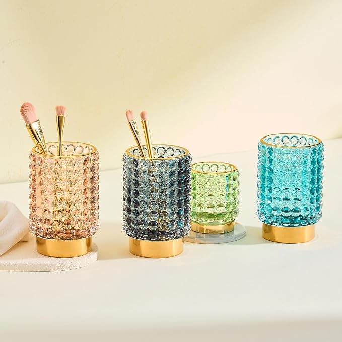 Makeup Brush Holder Organizer,Toothbrush Holders,Desk Pen Pencil Holder,Multifunctional Vintage Glass Brush Cup(A38-14-US/Pink/L)