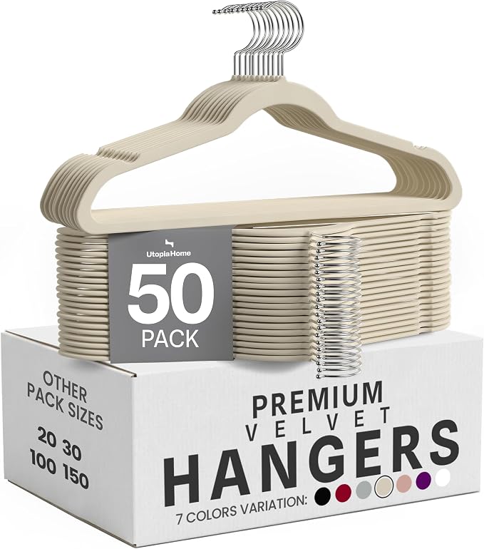 Utopia Home Velvet Hangers 50 Pack - Non-Slip Suit Hangers with 360 Degree Rotatable Hook - for Pants, Coats, Shirts & More (Ivory) | Luxury Non-Slip, Slim Pant & Coat Hangers, Strong Space-Saving, Pants Bar, 360° Swivel Hook