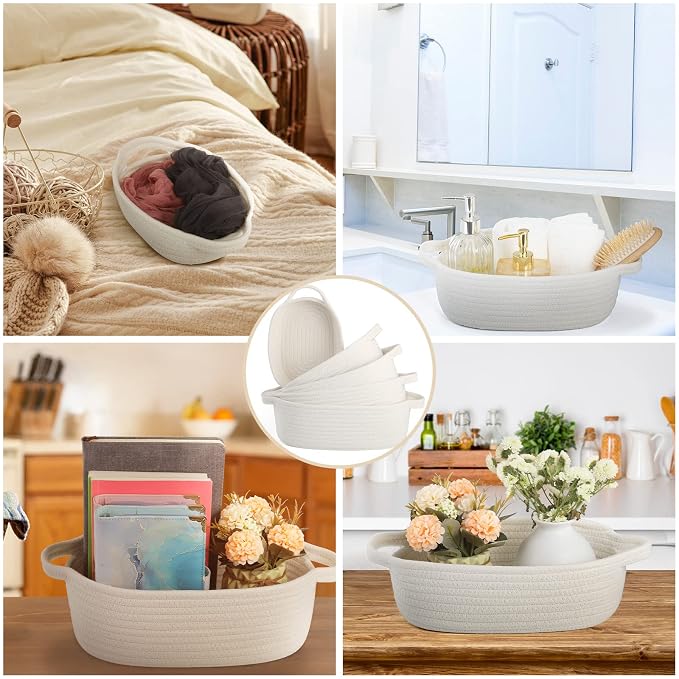 VOOWO Set of 5 Rectangular Cotton Rope Baskets for Storage, Organizing, Decorating, Off White