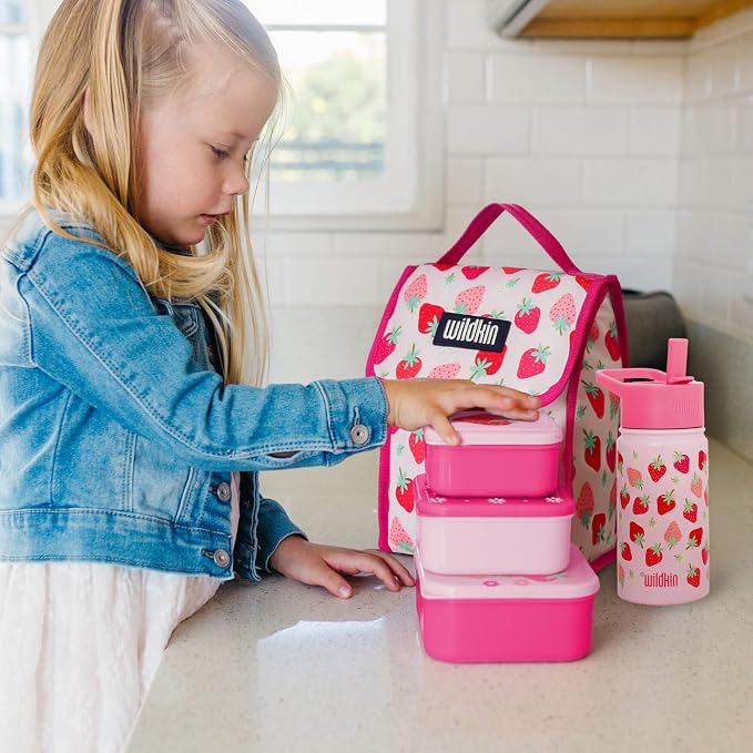 Wildkin Set of 3 Kids Nesting Food Containers for Girls – Stackable, Airtight & BPA-Free Snack Containers, Dishwasher Safe Lunch Box Containers for School & Travel, Ages 3–12 – Strawberry