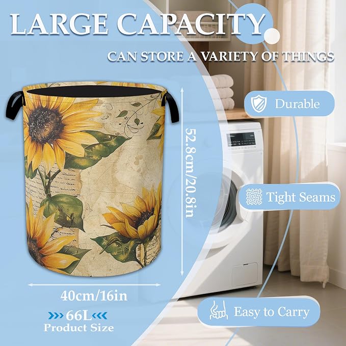 Vintage Sunflowers Laundry Basket Collapsible Laundry Hamper, Oxford Cloth Storage Bin for Room/Bathroom/Bedroom/Dormitories 16" X 20.8"