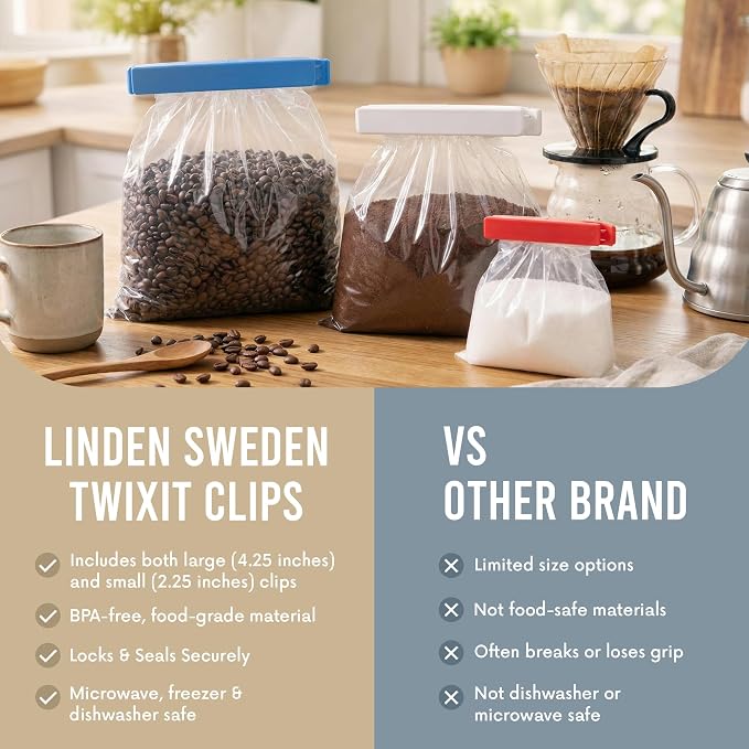 Linden Sweden Twixit Bag Clips - Keep Food Fresh, Stop Spillage - Keep Food Fresh, Prevent Spillage - Great for Storage and Organization - Microwave, Freezer & Dishwasher-Safe - BPA-Free - Set of 13